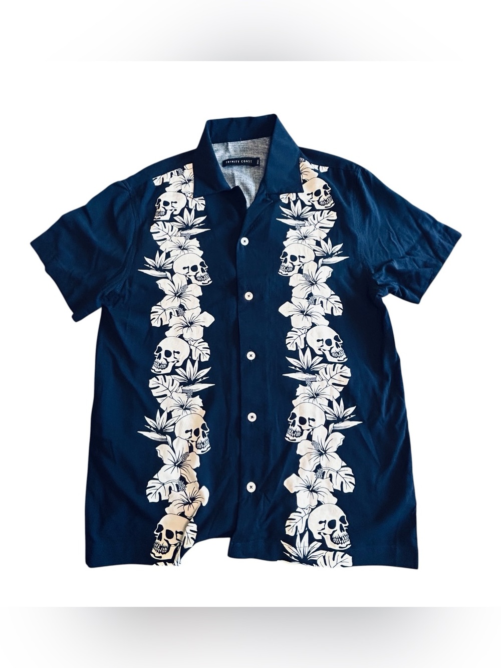 Men's Navy Short-Sleeve Button-Down Shirt with White Skull & Floral Panels